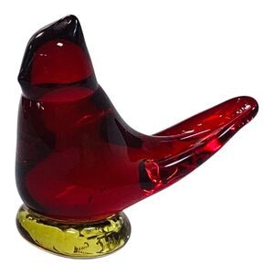 Leo Ward 1988 Red Cardinal Vtg Bird Figurine Art Glass Glowing Amberina Base 3”